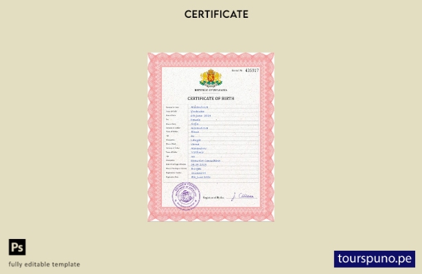 listo para imprimir plantilla PSD de certificado de nacimiento de Bulgaria